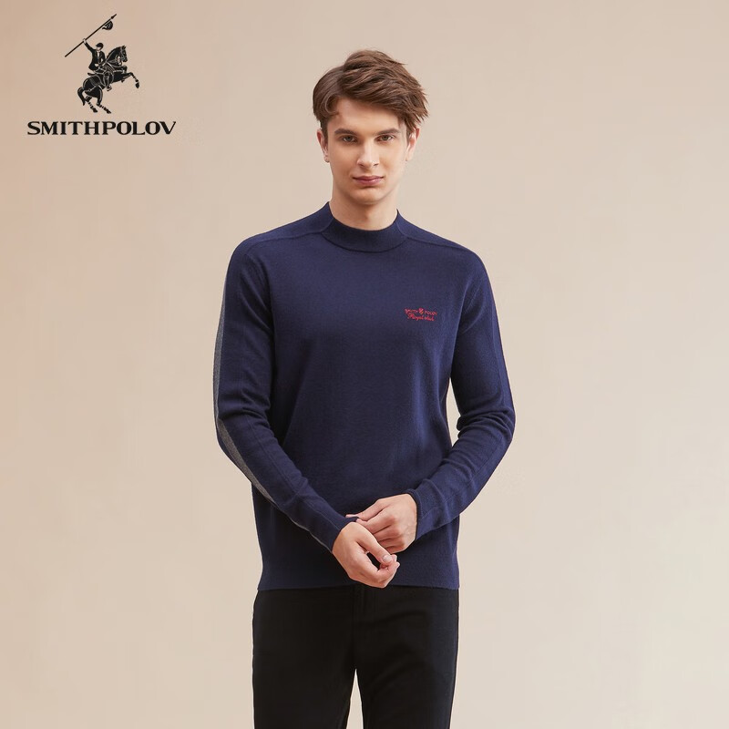 斯密特保罗（SMITHPOLOV）【100%绵羊毛】冬季新款羊毛衫男圆领套头字母刺绣针织衫 蓝色 50/L