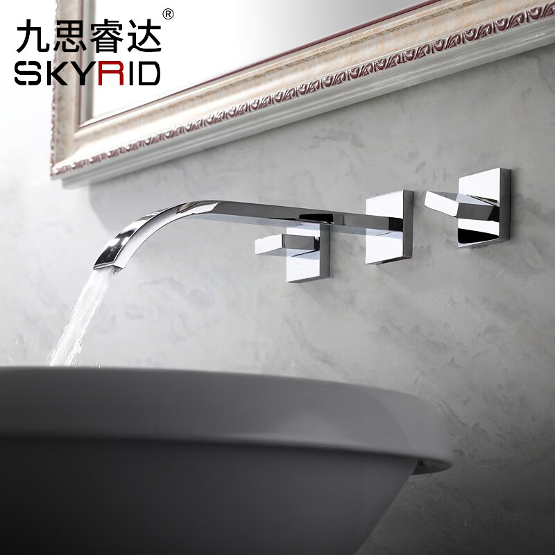 全铜龙头欧式冷热面盆水龙头 入墙 三孔双把瀑布出水 浴室柜侧面安装