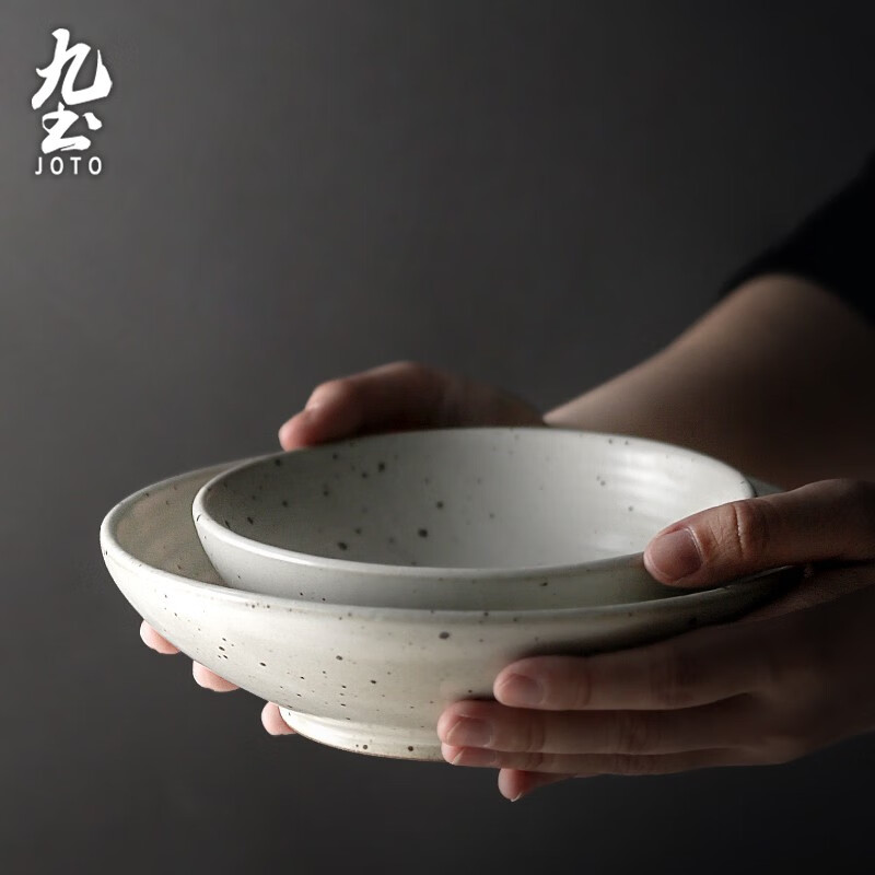 无印风餐盘 复古粗陶果盘 日式禅黑色粗陶餐盘子创意餐具家用 摆件 米