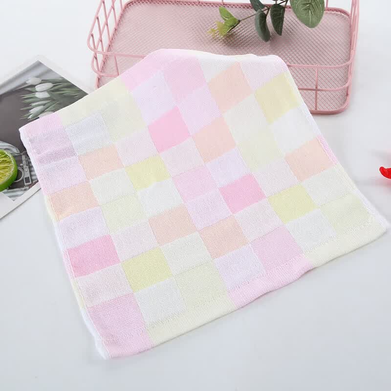 棉纱布方巾柔软婴儿口水巾宝宝用小毛巾四方幼儿园毛巾 粉色格子