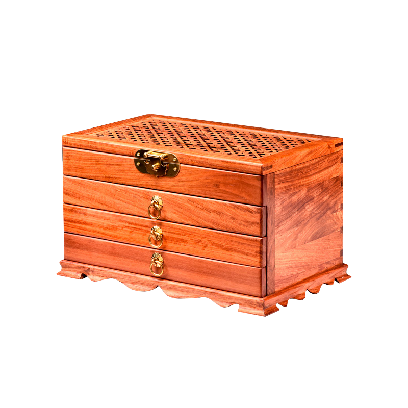一舍 缅甸花梨木红木高档木质首饰盒绒布多层抽屉化妆镜送礼实木收纳盒 缅甸花梨三抽首饰盒