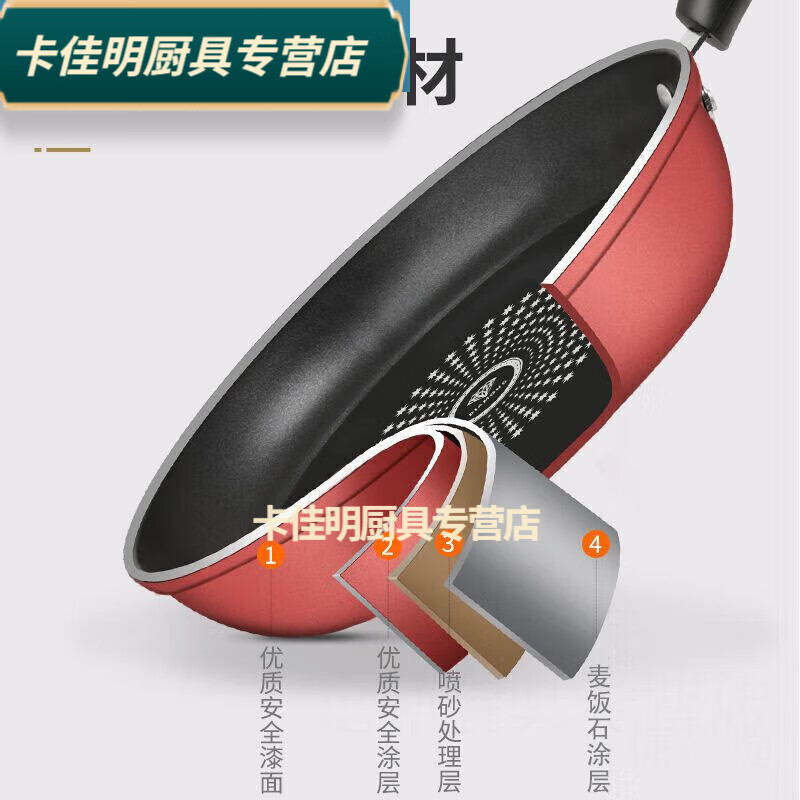 PJ油烟平底锅不粘锅炒菜家用炒煎锅具煎饼电磁炉通用 24里米煎炒两用带盖木铲