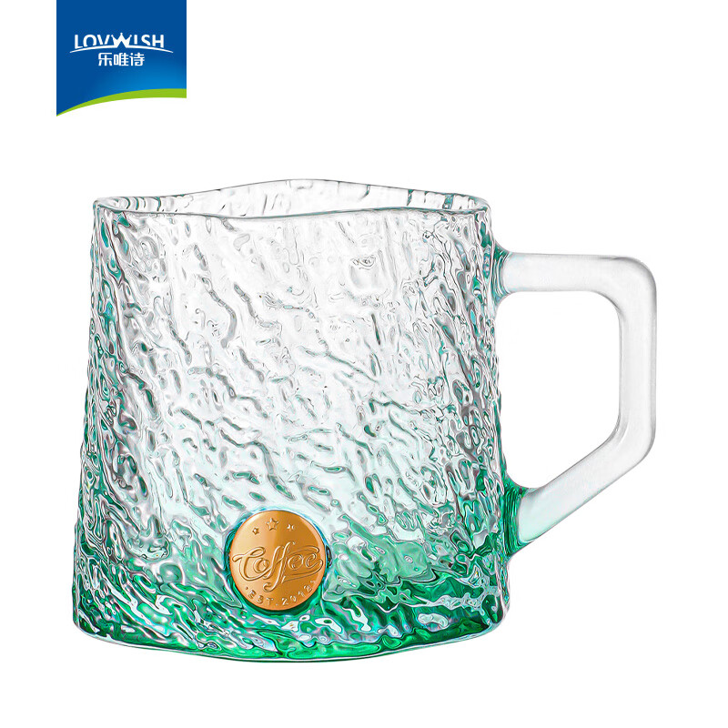 乐唯诗（LOVWISH）玄冰玻璃杯高颜值炫彩女牛奶咖啡杯家用透明喝水杯子带把圣诞新款 玄冰印章杯【绿色】260ml*1