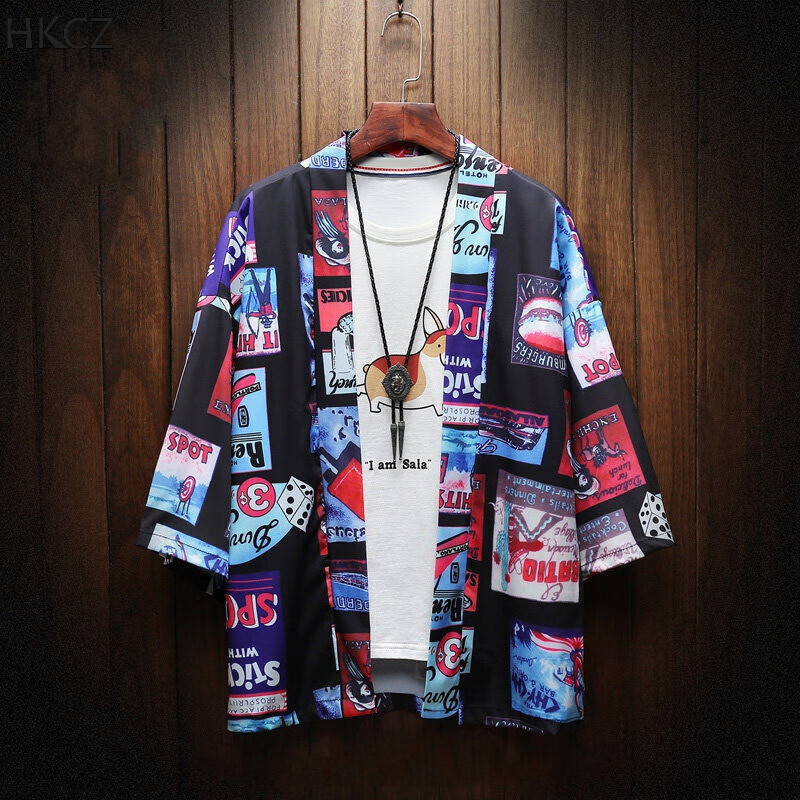 hkcz七分袖衬衫胖子夏季日系印花开衫t恤男士加肥加大码日式和服 蓝色