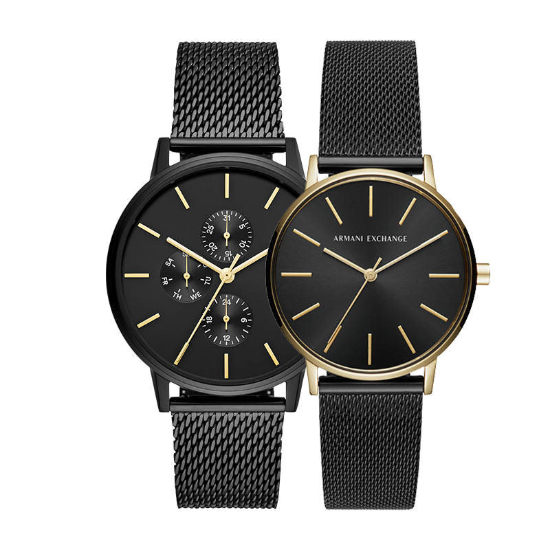 阿玛尼armaniexchange情侣手表男女士黑金镶钻欧美腕表生日礼物送男女