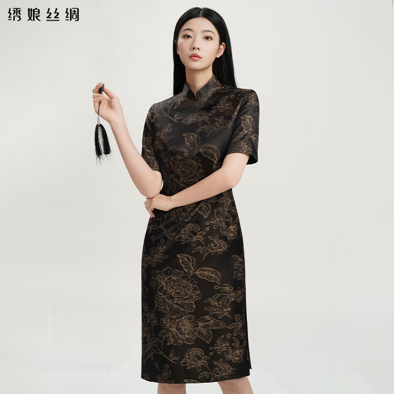 绣娘(xiuniang)真丝旗袍婚礼桑蚕丝年轻复古妈妈中长款连衣裙鸢柔