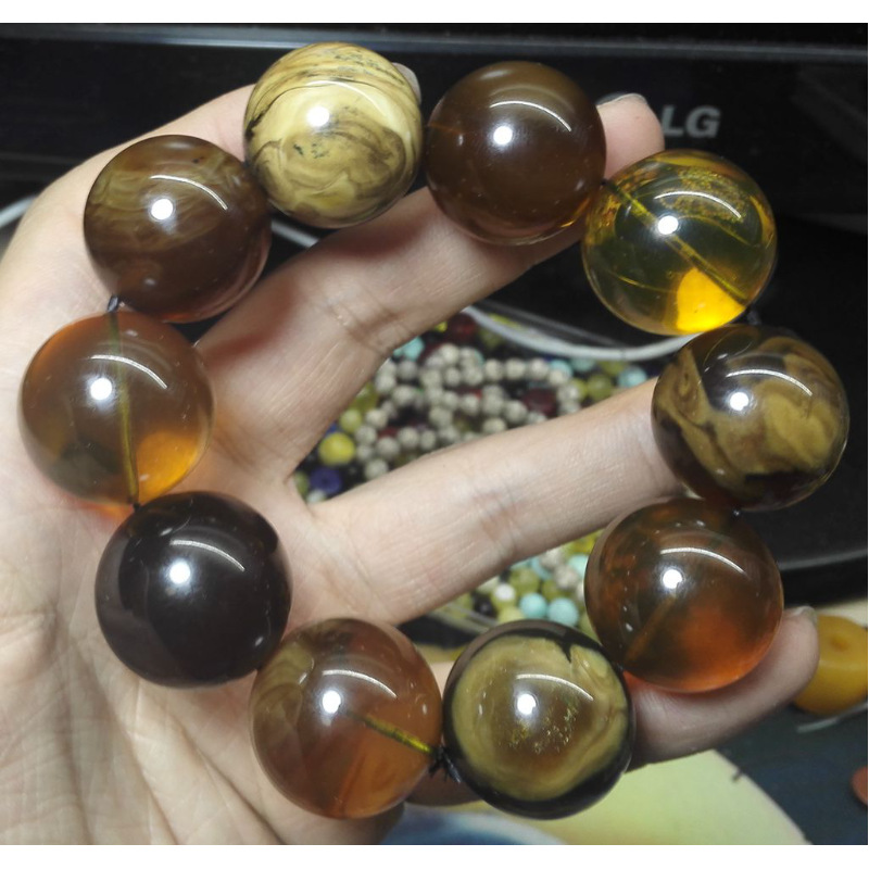 缅甸琥珀 根珀净水金兰棕红粕 多宝串 24mm 圆珠 正圆 国工净水 图片