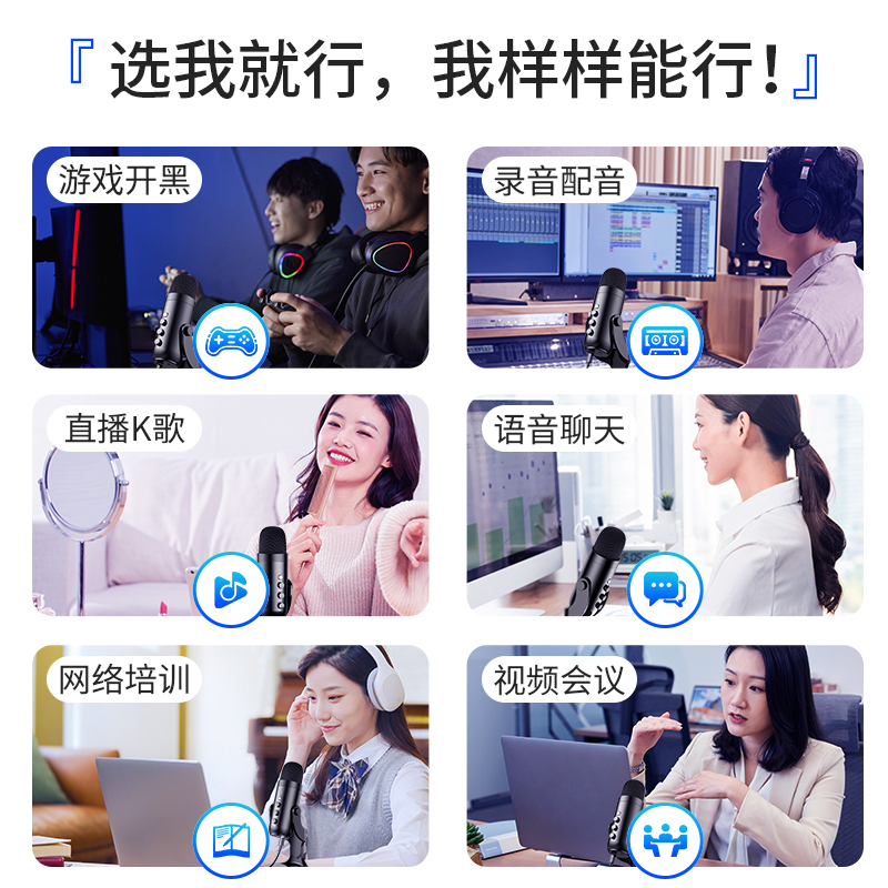 好牧人 录音设备直播麦克风电脑USB笔记本台式主播话筒K歌游戏有声书专业配音YY语音视频会议电容麦 黑色【USB电脑-专用麦克风】