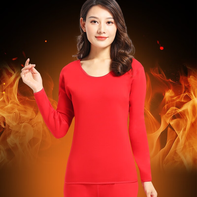 雅鹿大码保暖内衣女加绒加厚套装秋冬中老年棉毛衫200斤可穿 女士加绒套装大红色 女3XL