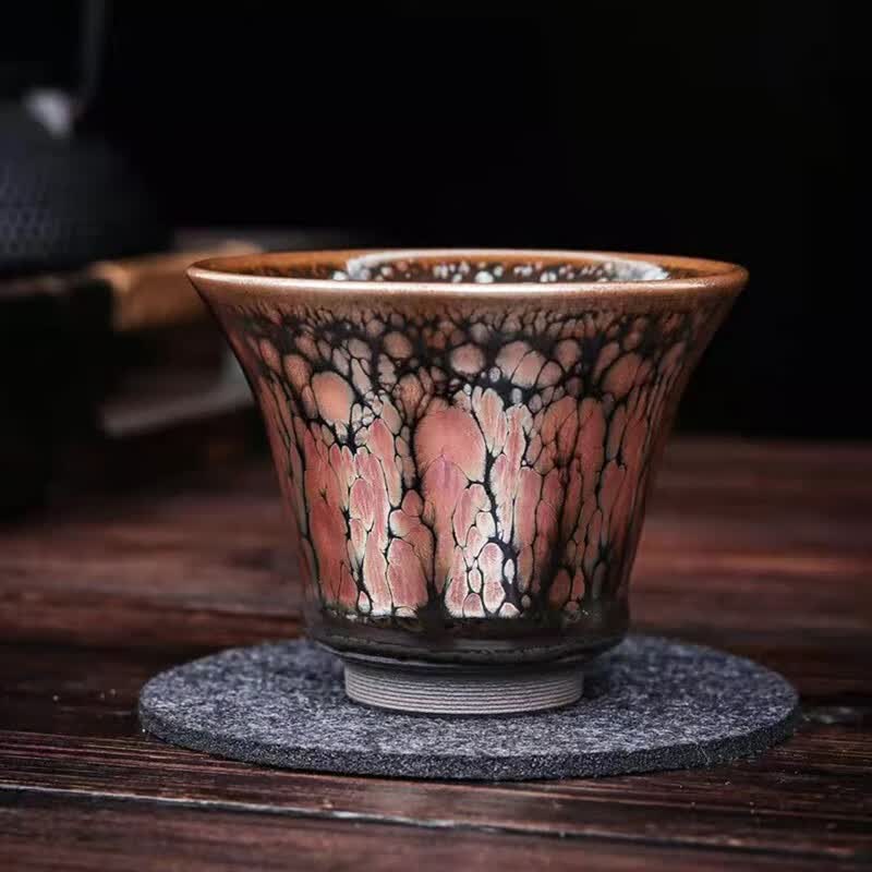 闽北建盏建窑建盏女匠支静马手作蹄杯粉金大油滴女士主人杯礼盒包装