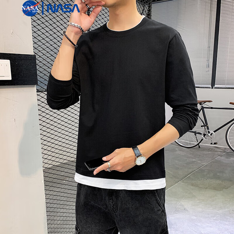 NASAMITOO纯棉假两件长袖T恤男士