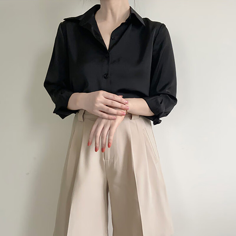 雷黛茜感绿色缎面职业衬衫女通勤衬衣设计感小众上衣百搭春秋款新款 6038# 浅灰绿 S