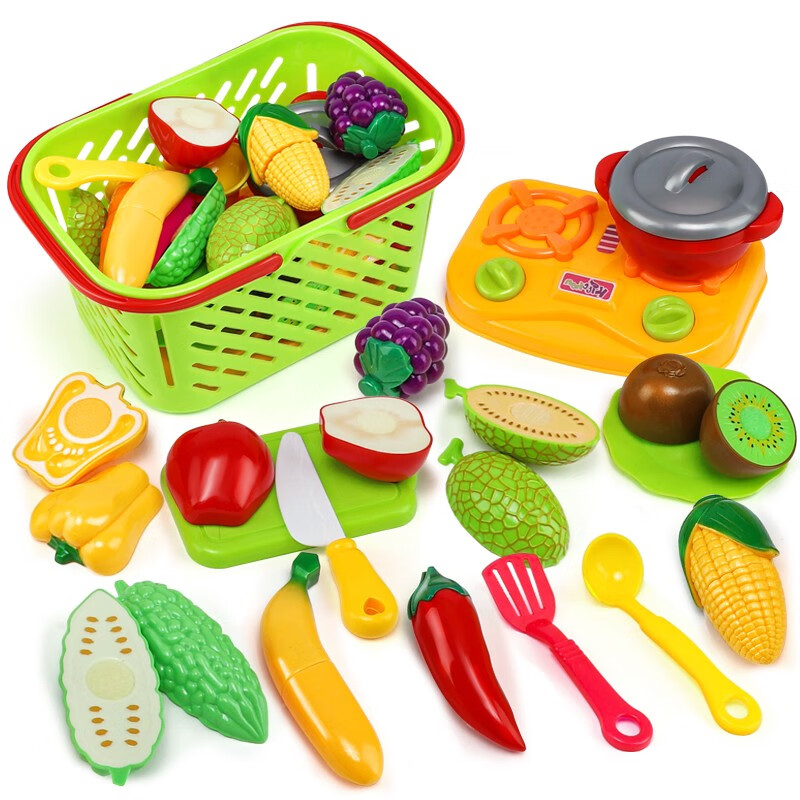 纽奇（Nukied）儿童过家家玩具女孩厨房做饭玩具模拟扮演水果蔬菜切切乐 蔬菜水果切切乐【手提收纳篮】