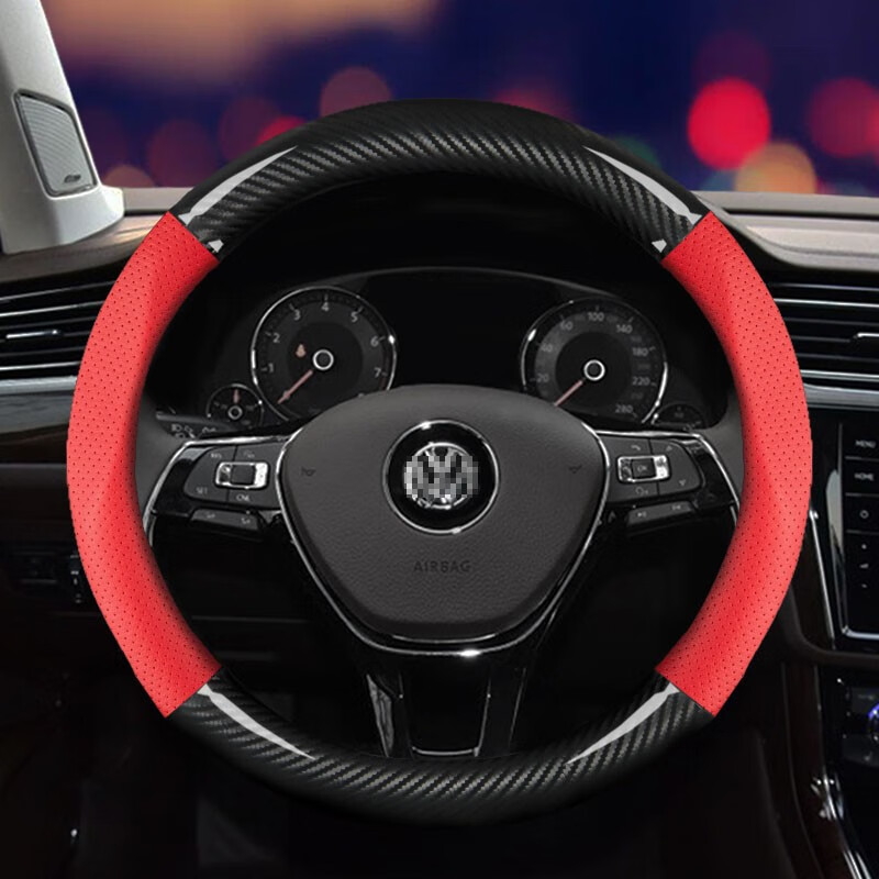 达珀德 方向盘套汽车真皮把套四季通用防滑专用碳纤牛皮免手缝 适用于 大众新朗逸速腾途观L帕萨特迈腾宝来桑塔纳捷达蔚领 圆型真皮碳纤【黑色款+运动标】