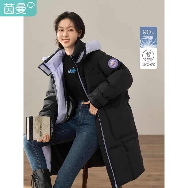 茵曼女冬新款户外时尚工装长款显瘦羽绒服外套 午夜黑 s
