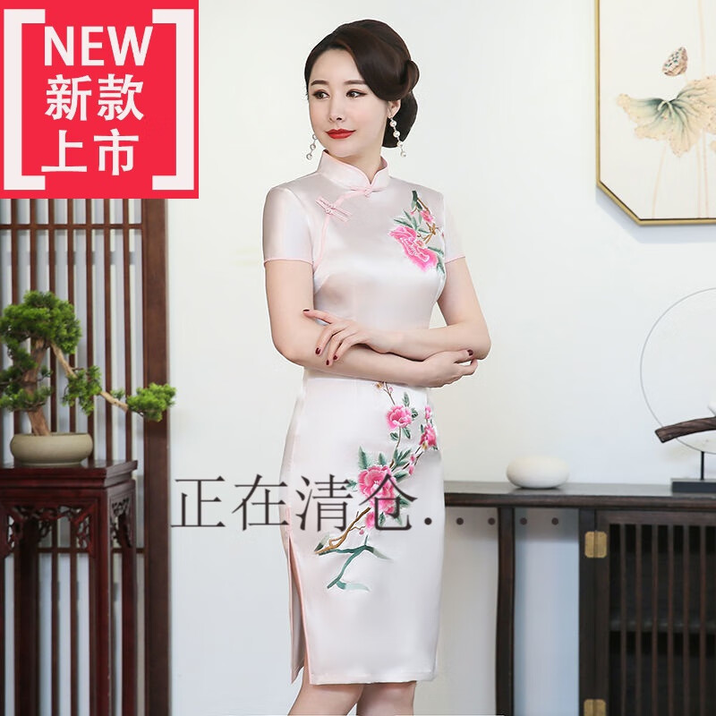 【捡漏】高档轻奢品牌重磅真丝桑蚕丝改良旗袍女丝绸绣花低开衩夏季