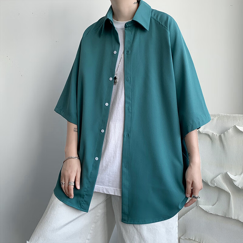 OEMG  夏季薄款短袖衬衫男女潮流垂感七分半袖高级感情侣宽松休闲外套 CS1136卡其色 XL 【建议130-145斤】