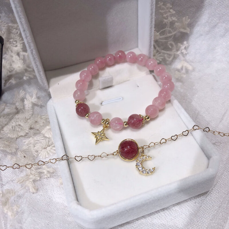星月马粉草莓晶手链 包金粉晶套链 马粉草莓晶
