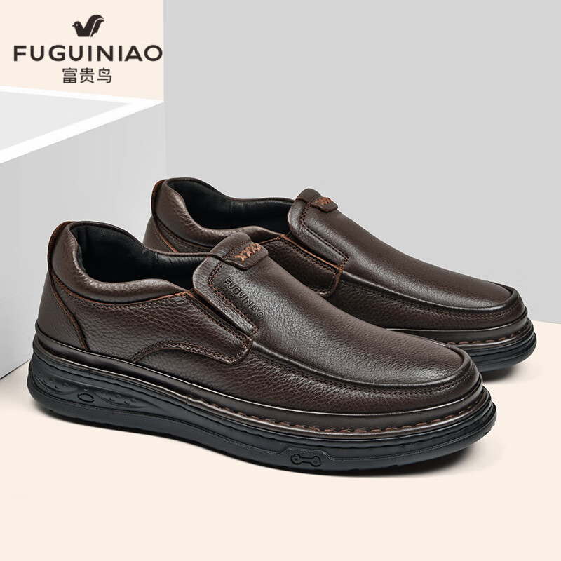 富贵鸟男鞋商务休闲皮鞋男套脚休闲鞋男软底鞋子男fg48240132 黑色 39