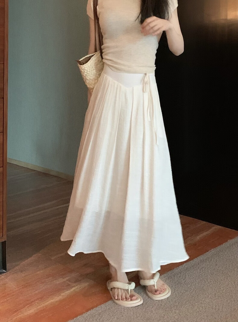 粉色棉麻半身裙女夏装高腰中长款小个子飘飘纱裙森系a字大摆超仙 杏色