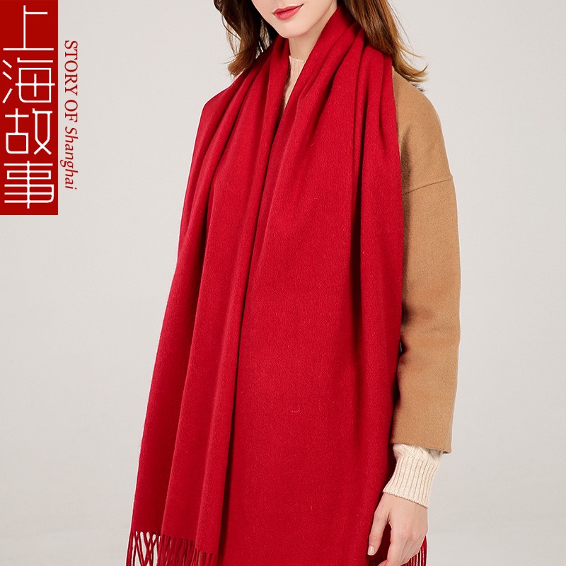 上海故事新品羊毛空調(diào)披肩秋季外搭圍巾女純色秋冬加大保暖斗蓬披風(fēng) 大紅 200cm*60cm