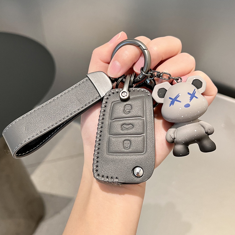 适用于大众钥匙套朗逸速腾车钥匙包扣宝来迈腾途观l探岳cc帕萨特途岳途昂凌渡真皮男女卡通挂件 C款【高级灰】渐变XX熊+简约皮绳
