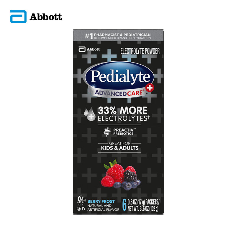 雅培Abbott 美版 Pedialyte 成人儿童口服补液盐电解质水粉末冲剂 莓果味17g*6条/盒（2022年10月到期）