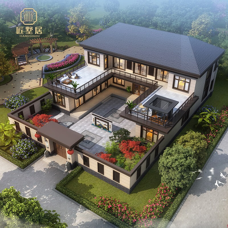 匠墅居 2022年新款农村自建房中式合院二层别墅设计图纸带堂屋院子