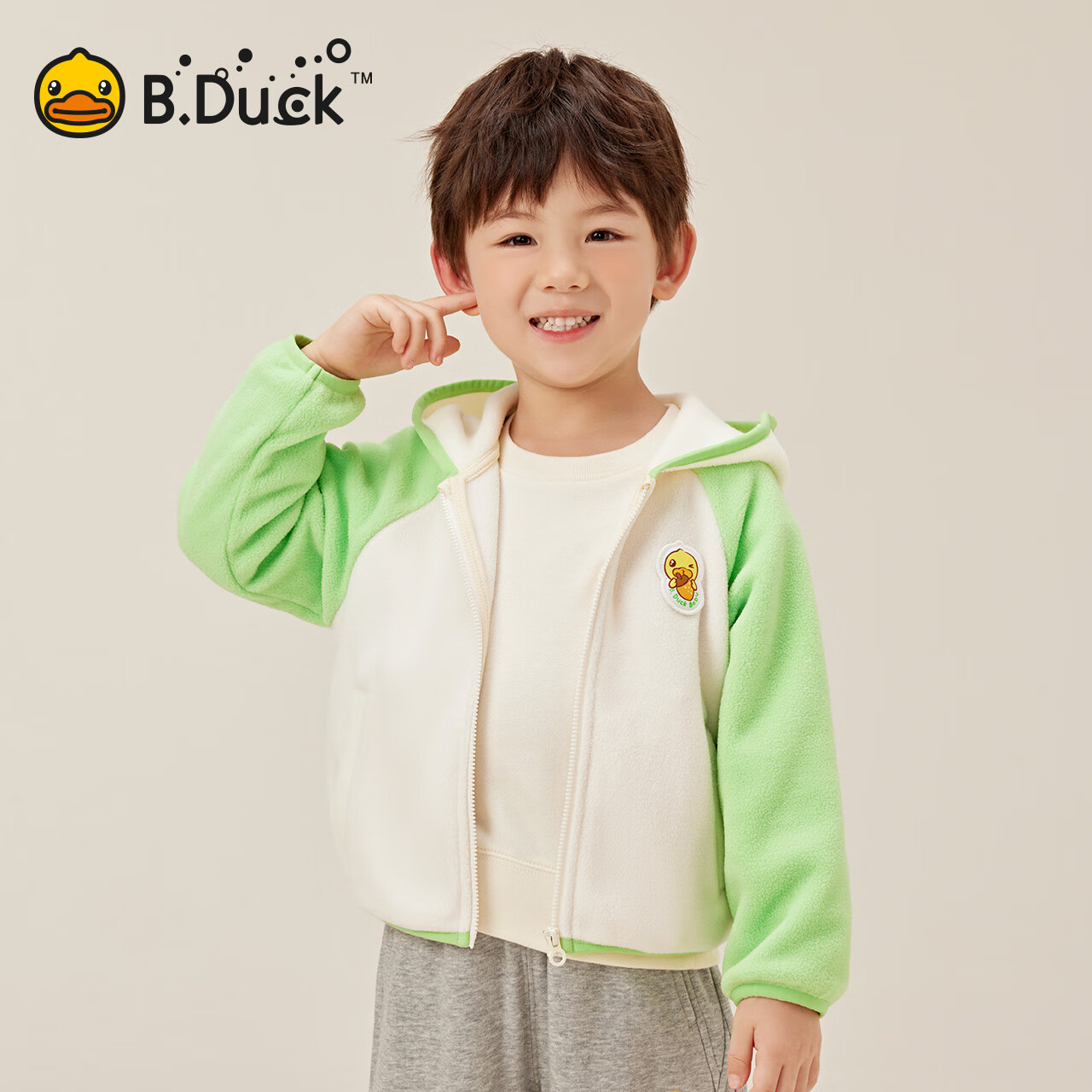 B.Duck小黄鸭童装儿童连帽外套保暖摇粒绒春秋男宝宝开衫 浅卡其 130 cm