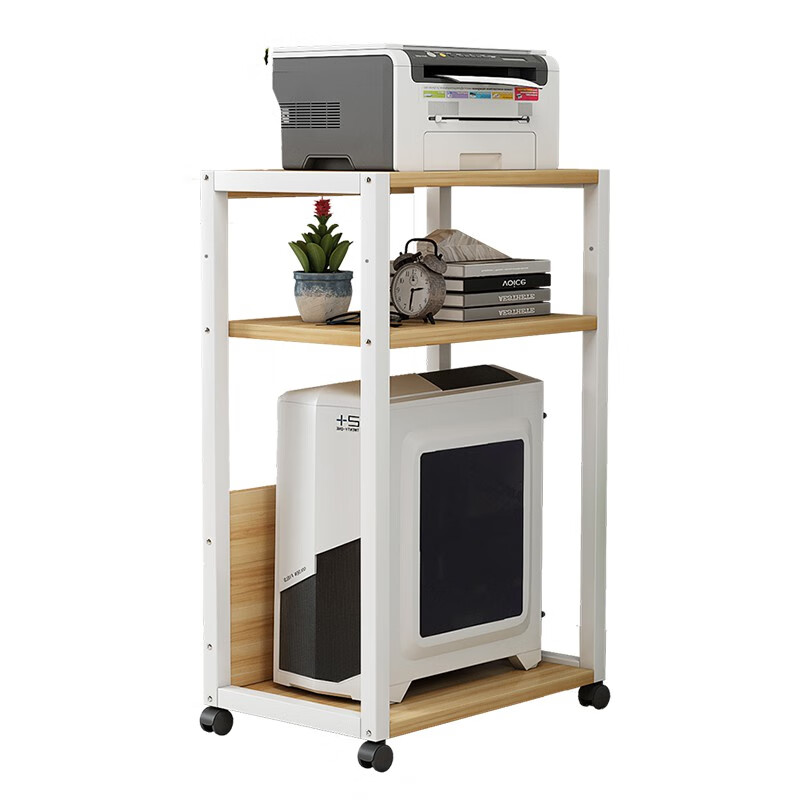 元良电脑主机托架双层 台式机箱放置架办公室置物架拖架可移动打印机落地架 A款【白架+暖白色】55*30*75
