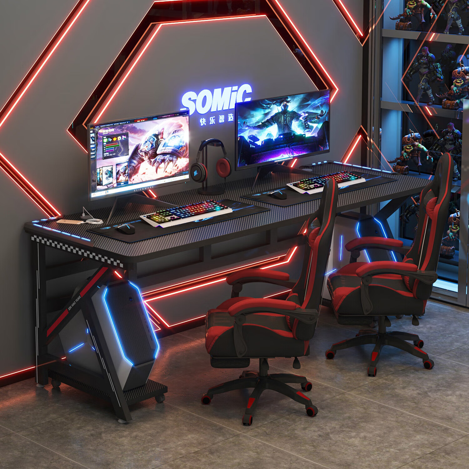 双人电竞桌椅套装电脑桌台式家用办公学习桌情侣网吧长条桌碳纤维