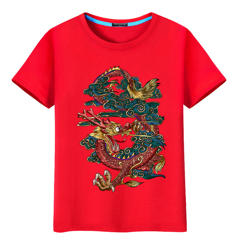 kmka有龙图案的衣服中国龙短袖男新年红色体恤龙袍中国风情侣半袖大码