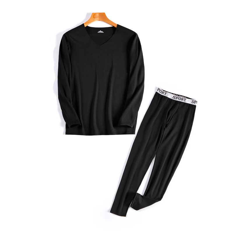 无痕保暖内衣男士套装磨毛贴身加绒秋衣秋裤修身弹力男式打底套装 黑色 L