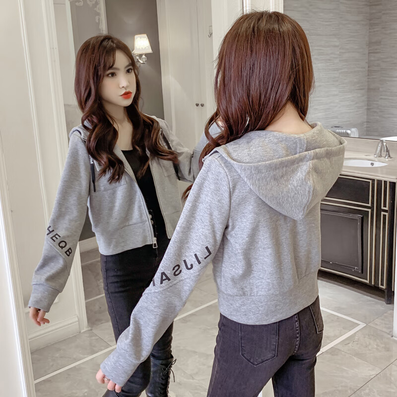 camalgori小个子女士紧身拉链开衫紧身卫衣春秋连帽韩版上衣 灰色 s