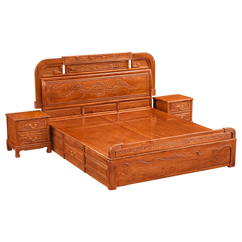 广典 红木家具非洲花梨(学名:刺猬紫檀)全实木床 双人床 新中式双人床 卧室家具大床 婚床中式古典床 1.8米盛世江南大床3件套