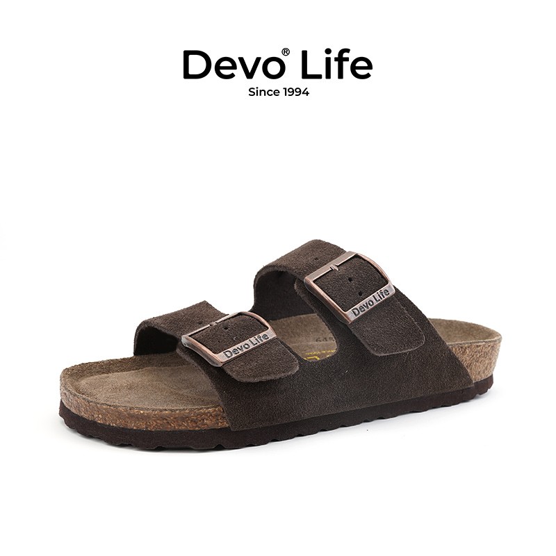 Devo的沃软木拖鞋男女同款情侣绒面夏季勃肯鞋一字凉鞋休闲拖鞋2618 深棕反绒牛皮 38 （建议拍小一码）