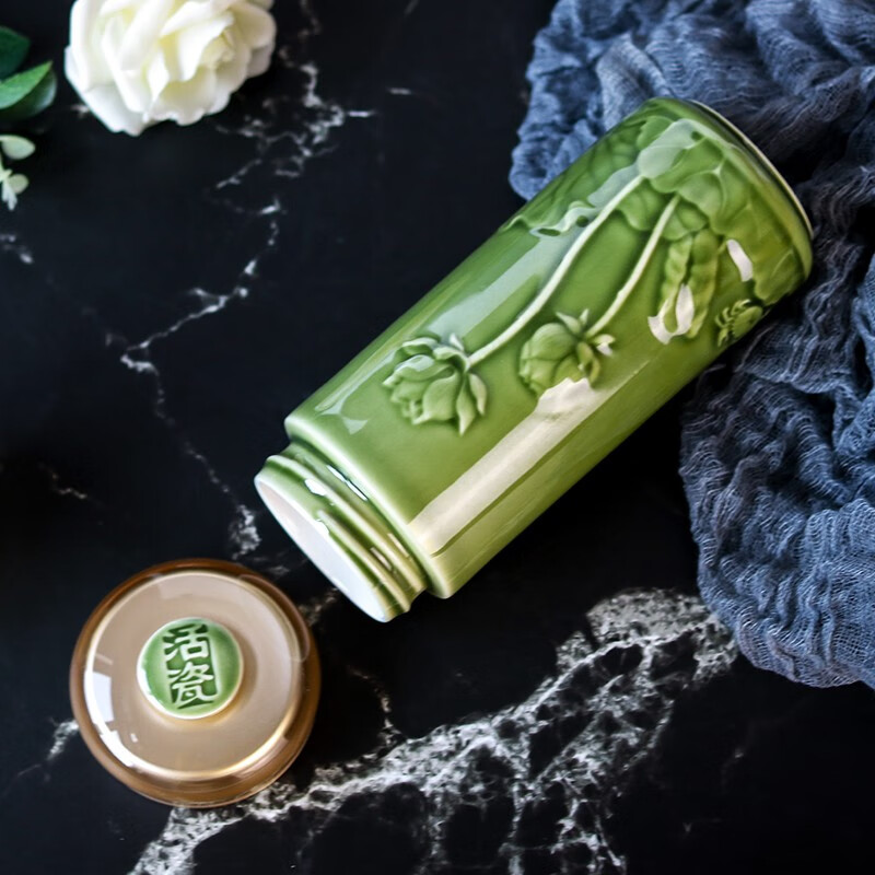 乾唐轩【官方授权】活瓷杯正品 和谐随身杯双层陶瓷水杯茶杯送人礼品 耀州绿（礼盒包装带杯刷杯套）