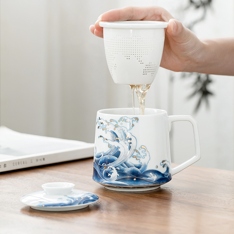 午间 创意陶瓷泡茶杯带盖过滤茶水分离杯子办公室马克杯办公杯大号 海浪奔翔办公杯