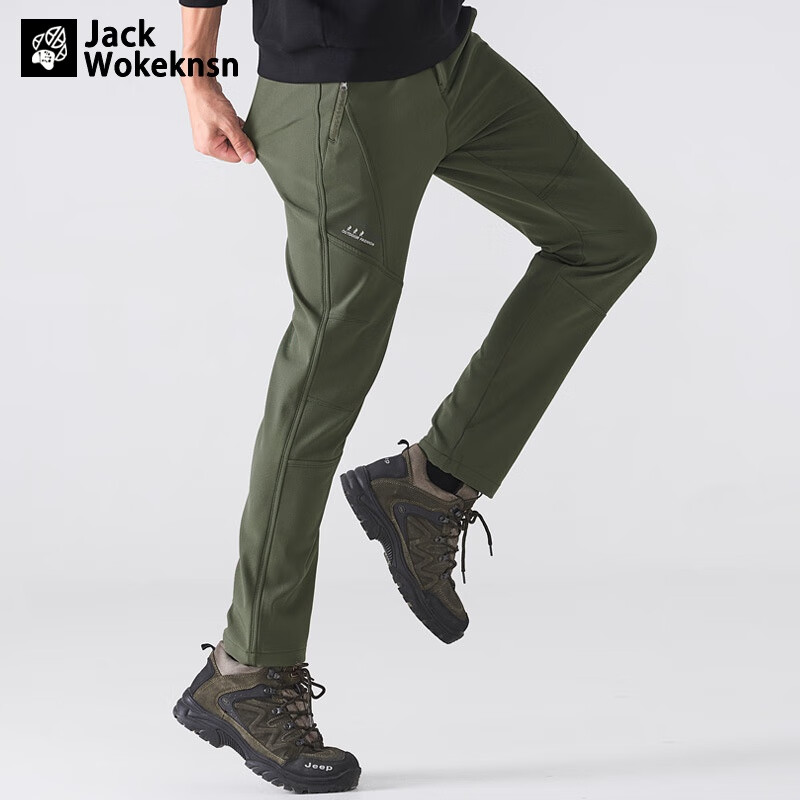 JACK WOKEKNSN狼爪云户外冲锋防风加绒秋冬男保暖女防水加厚软壳登山长裤新款 黑色-男款 2XL