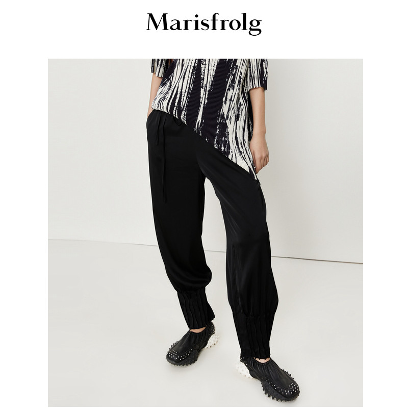 marisfrolg玛丝菲尔2022夏季新款抽绳式腰带设计感黑色松紧裤脚休闲裤