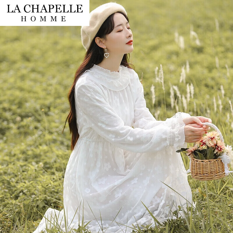 LA CHAPELLE HOMME 拉夏贝尔旗下蕾丝仙女范连衣裙 初百搭款 白色 M 129元