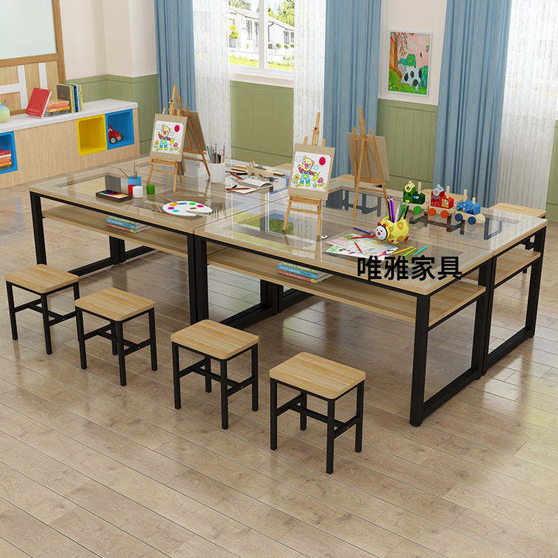 书法练习桌写毛笔字的书桌绘画桌美术桌培训钢化玻璃手工课桌椅小学生
