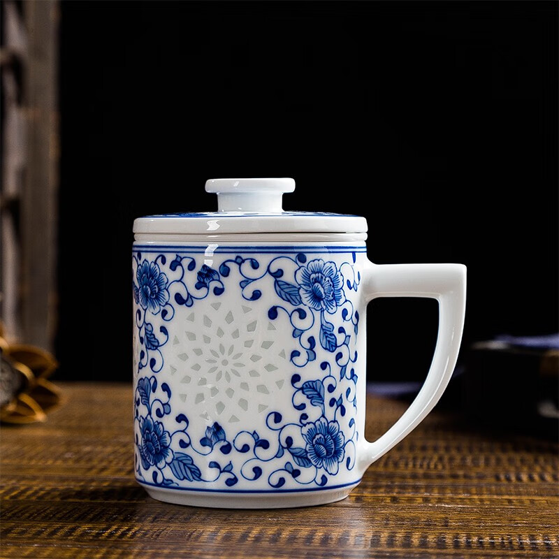 裂均 景德镇手绘青花玲珑杯 陶瓷带盖内胆过滤泡茶杯办公室家用会议室