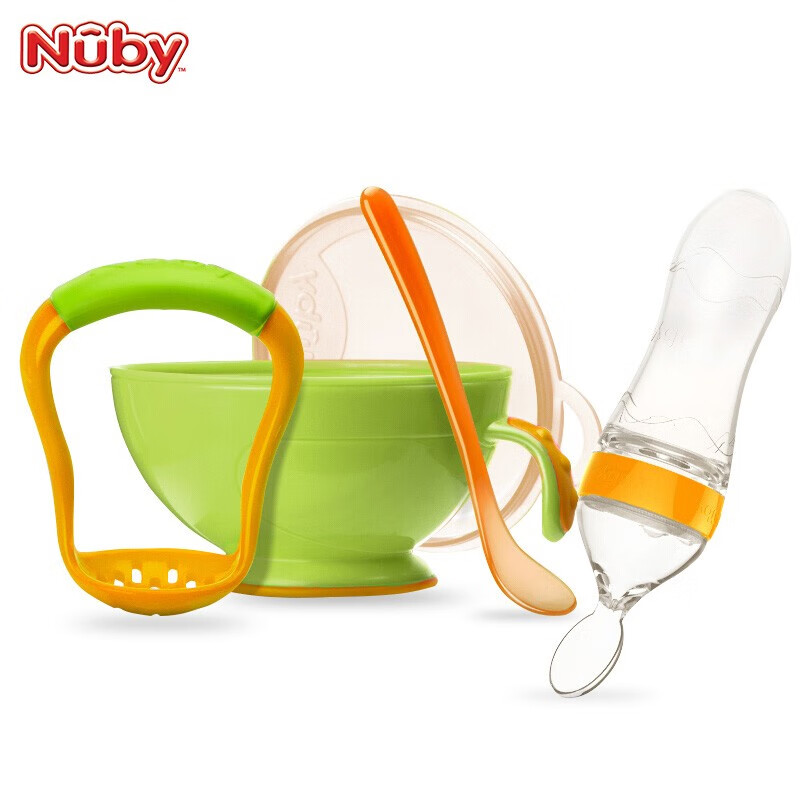 Nuby（努比）儿童餐具辅食碗  宝宝研磨碗套装 婴儿碗餐具喂食器米糊勺 辅食研磨器手动碗勺套装 【研磨碗+米糊勺喂食器】绿色