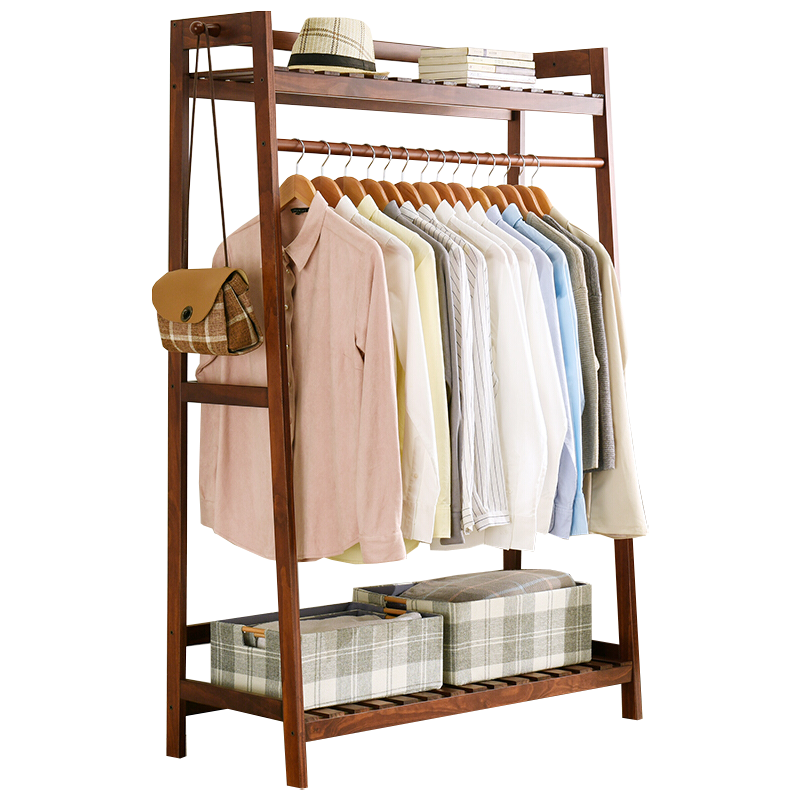 爱必居 简易衣帽架实木衣架落地卧室挂衣架简约现代衣服架子落地衣架 加高双层款棕色(100cm)