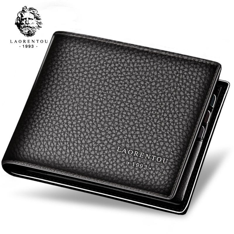 老人头男士钱包头层牛皮简约时尚短款横版钱夹新款荔枝纹银包 黑色