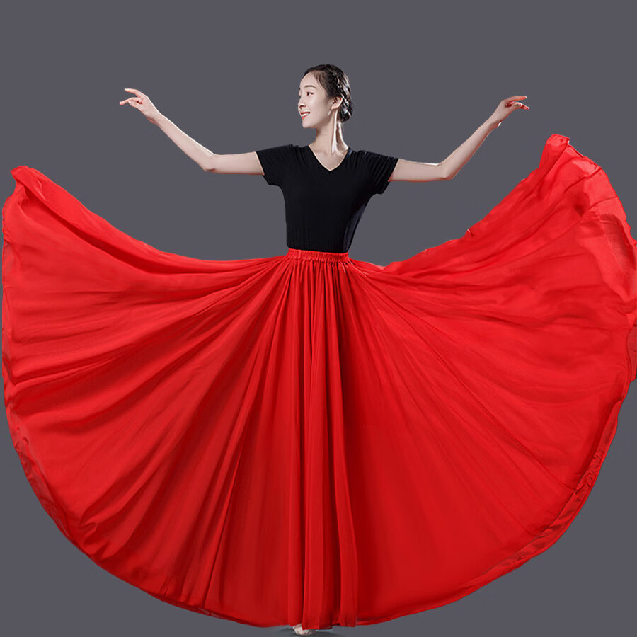 中年妇女跳舞穿的半身大摆长裙720度大摆裙舞蹈裙纱裙红色 红色360度
