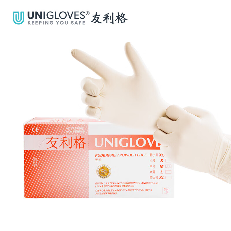 友利格（UNIGLOVES）进口一次性医用检查手套乳胶橡胶手套医疗口腔制药美容家用多场景适用手套100只/盒 M码