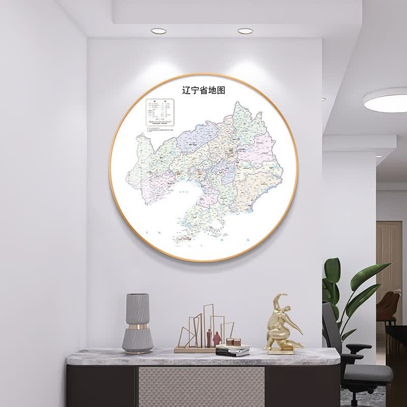北京全国各省地图办公室书房玄关装饰画客厅餐厅背景墙画圆形挂画 辽宁省地图-QY-004903 镜面水晶画+60*60+金色铝合金画框