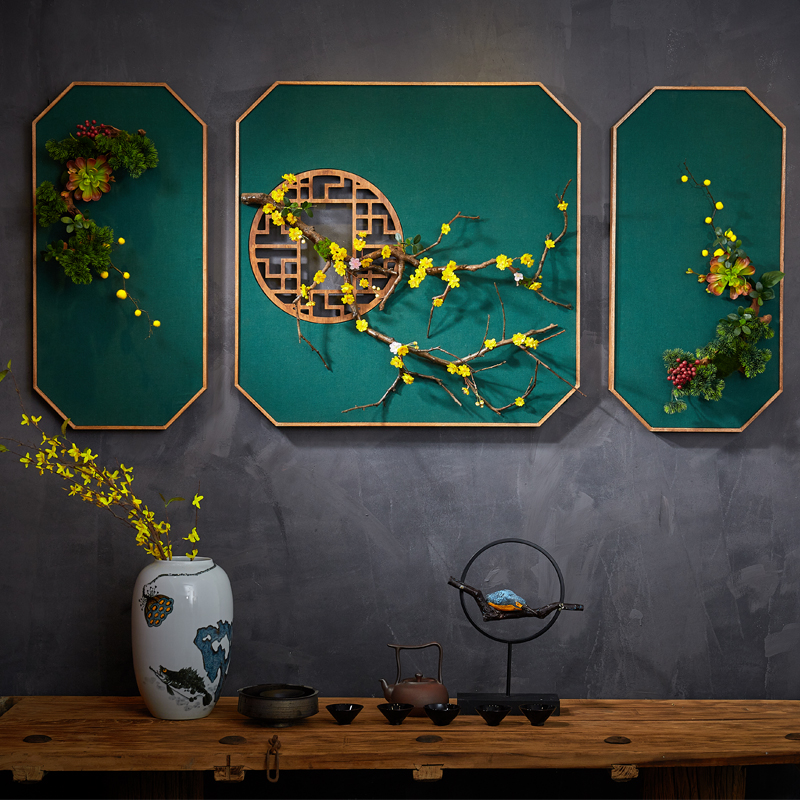 帅创 新中式手工沙发背景墙植物立体装饰画客厅三联禅意墙面壁挂画